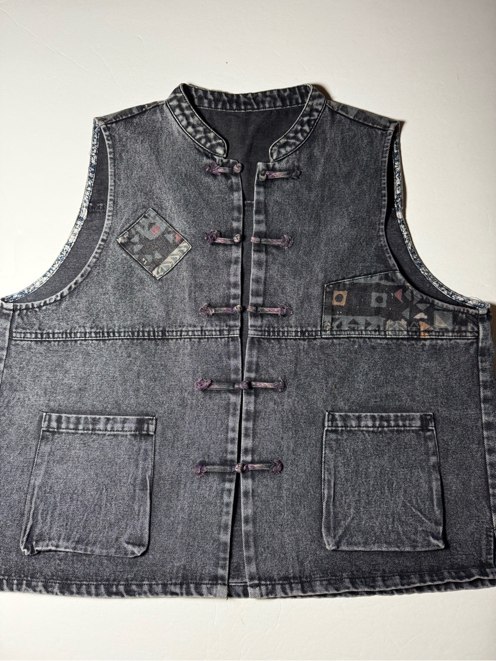 Vintage 90s Acid Wash Denim Vest Frog Closure Geometric Print L/XL